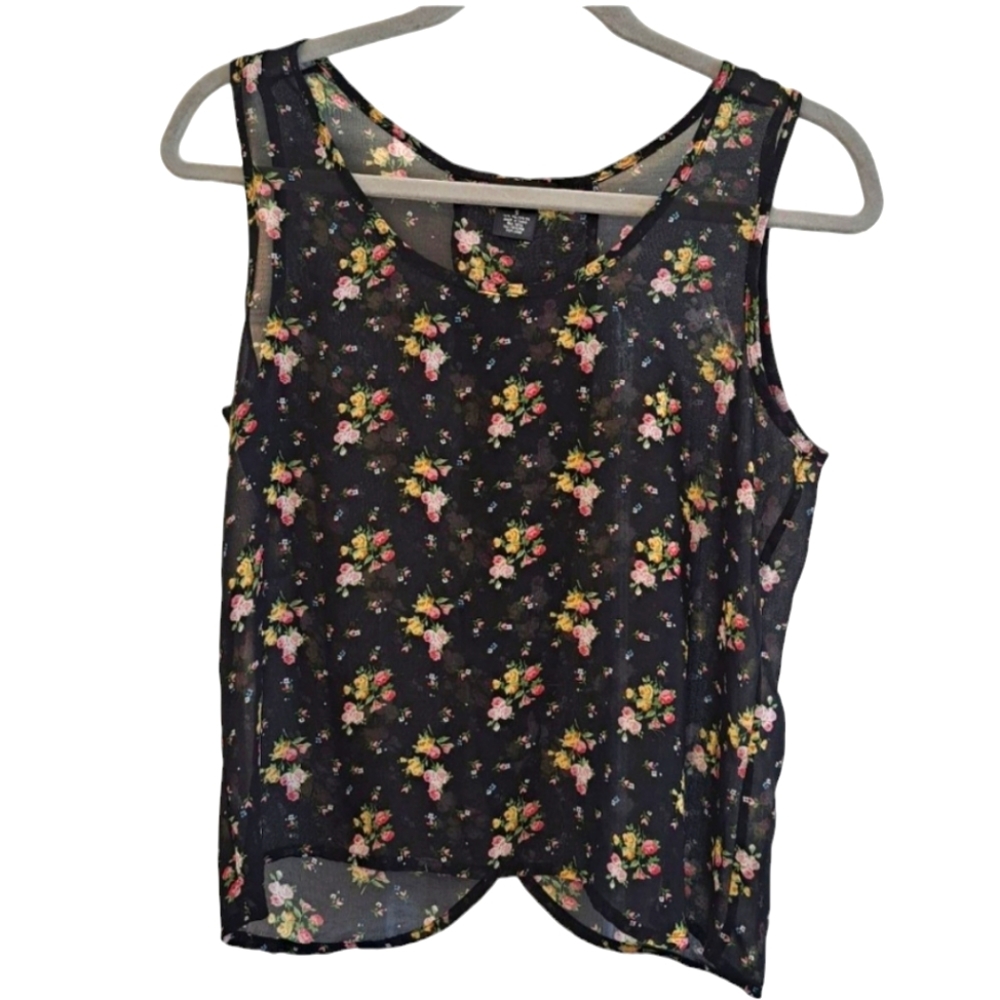 Wet Seal Black Floral Sheer Tank Blouse Open Back Size Small